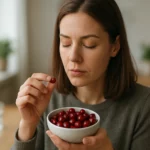 Žena vychutnáva brusnice pre ich liečivé účinky.