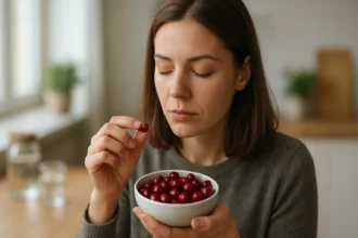 Žena vychutnáva brusnice pre ich liečivé účinky.