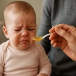 Bábätko s nepríjemným výrazom pri podávaní materskej kašičky.