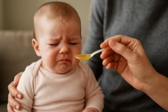 Bábätko s nepríjemným výrazom pri podávaní materskej kašičky.