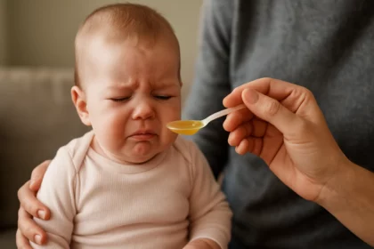 Bábätko s nepríjemným výrazom pri podávaní materskej kašičky.