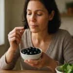 Žena si vychutnáva čierne olivy ako zdravú pochúťku.