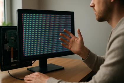 Človek ukazuje na štvorcové pixely na TFT monitore