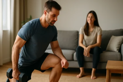 Cvičiaci muž s činkami podporujúci aktivitu a zdravý životný štýl.