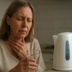 Žena trpiaca problémami s hrdlom po vypití vody z vodného kameňa.