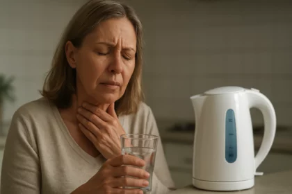 Žena trpiaca problémami s hrdlom po vypití vody z vodného kameňa.