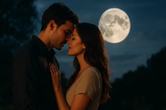 Dvojica sa romanticky približuje pod splnom.