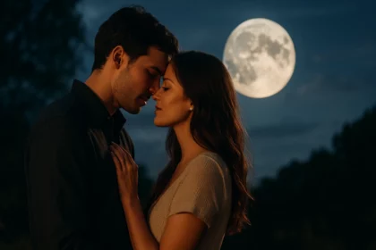 Dvojica sa romanticky približuje pod splnom.