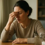 Žena trpiaca bolesťou s tabletou Algopyrin na stole