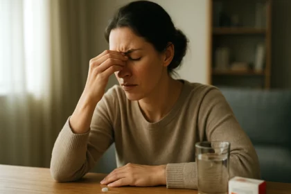 Žena trpiaca bolesťou s tabletou Algopyrin na stole