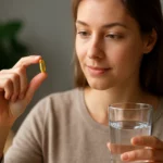 Žena s mäkkou želatínovou kapsulou a pohárom vody