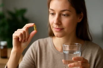 Žena s mäkkou želatínovou kapsulou a pohárom vody