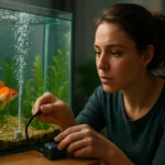 Žena kontroluje akvárium a vzduchovanie pre ryby.