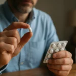 Muž drží tabletu Lercaton a blistr s liekmi na stole