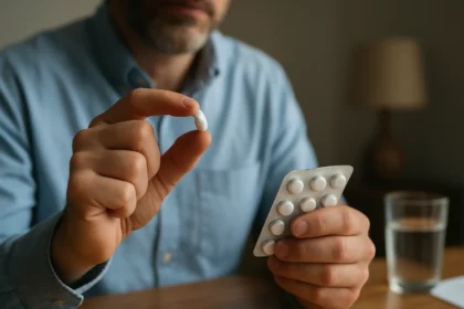 Muž drží tabletu Lercaton a blistr s liekmi na stole