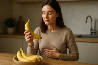 Žena s banánom vyjadruje spokojnosť, zdravý životný štýl.