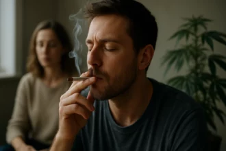 Muž fajčí marihuanu, žena sa nachádza v pozadí, rastlina marihuany vedľa.