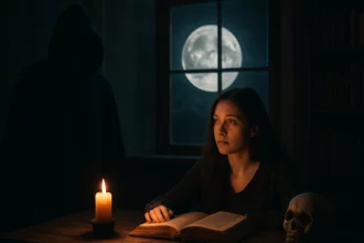 Žena s knihou pri sviečke a mesačným svetlom, záhadná atmosféra.