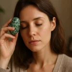 Žena s oceánskym jaspisom na čele sa zamysleným výrazom.