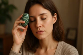 Žena s oceánskym jaspisom na čele sa zamysleným výrazom.