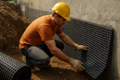 Pracovník inštaluje drenážnu dosku na stavebnom pozemku.