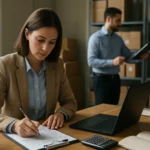 Zamestnanci pracujú na inventarizácii majetku a zásob v kancelárii.