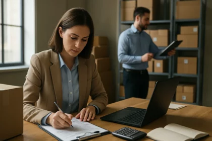 Zamestnanci pracujú na inventarizácii majetku a zásob v kancelárii.