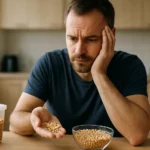 Muž so sójovými bobmi, zamyslený nad ich vplyvom na zdravie.