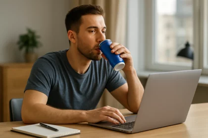 Muž pije energetický nápoj pri práci na počítači.