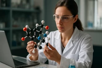 Žena v laboratóriu skúma molekulárnu štruktúru enzýmov.