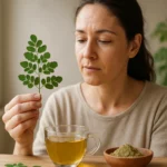 Žena skúma borbalový list a bylinný čaj