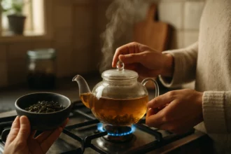 Osoba pripravuje čaj na sporáku s čerstvými čajovými lístkami.