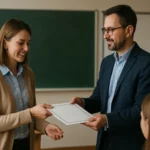 Učiteľ predáva certifikát na pedagogickú atestáciu