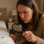 Žena so zväčšovacím sklom skúma plošticu posteľovú na matraci.