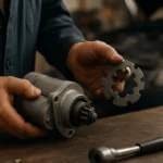 Mechanik drži voľnobežku štartéra a motora na pracovnom stole.