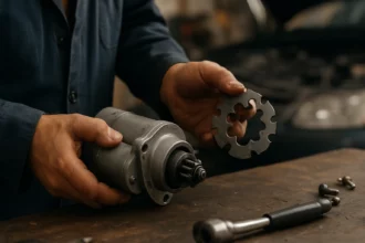 Mechanik drži voľnobežku štartéra a motora na pracovnom stole.