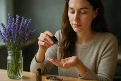 Žena pripravuje levanduľový olej na relaxáciu a starostlivosť o pokožku.
