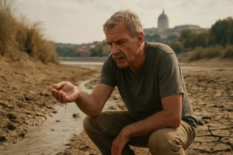 Muž skúma suchú rieku, čelí dopadom globálneho otepľovania v Maďarsku.