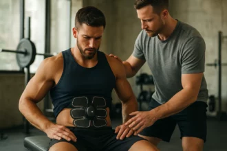 Muži cvičia s AB Generátorom v telocvični na budovanie svalov.