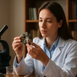 Žena vo vedeckom plášti skúma minerály pod mikroskopom.