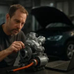 Mechanik analyzuje hybridné turbíny v autoservise.