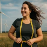 Žena s krajčírskym metrom na pozadí veterných turbín