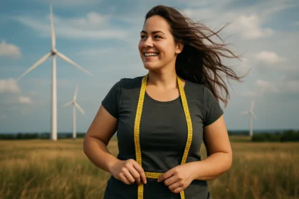 Žena s krajčírskym metrom na pozadí veterných turbín