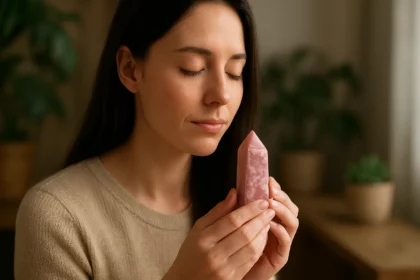 Žena meditujúca s thulitem, ružovo-červeným minerálom