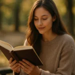 Žena čítajúca knihu v prírode, s úsmevom na tvári.