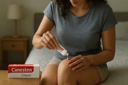 Žena nanášajúca Canesten krém na pokožku na zmiernenie nepríjemností.