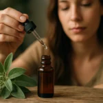 Žena kvapká lekársky šalviový olej z pipety do fľaštičky.