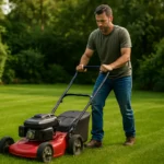 Muž kosenie trávnika kosačkou na udržiavanom dvore.