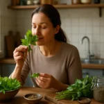 Žena vonia ligurček, zdravé korenie v kuchyni