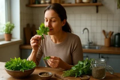 Žena vonia ligurček, zdravé korenie v kuchyni